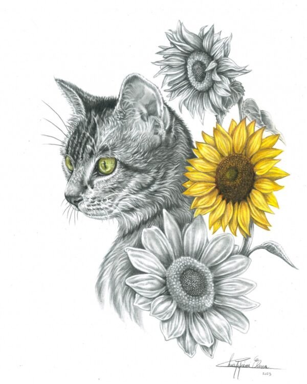 «Gatto e girasoli» — illustrazione di Elena Chiappini